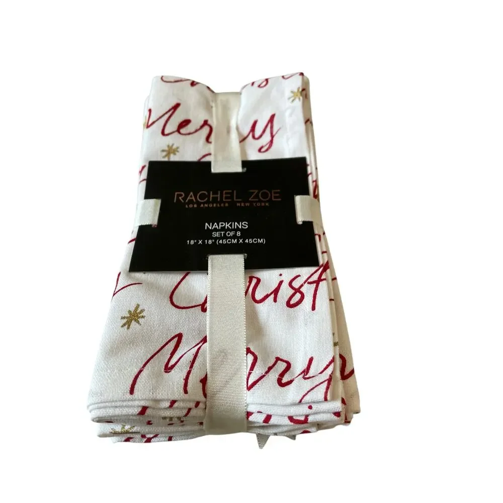8pc Rachel Zoe Merry Christmas Script Cotton Napkins 18x18 Red Cream Holiday New